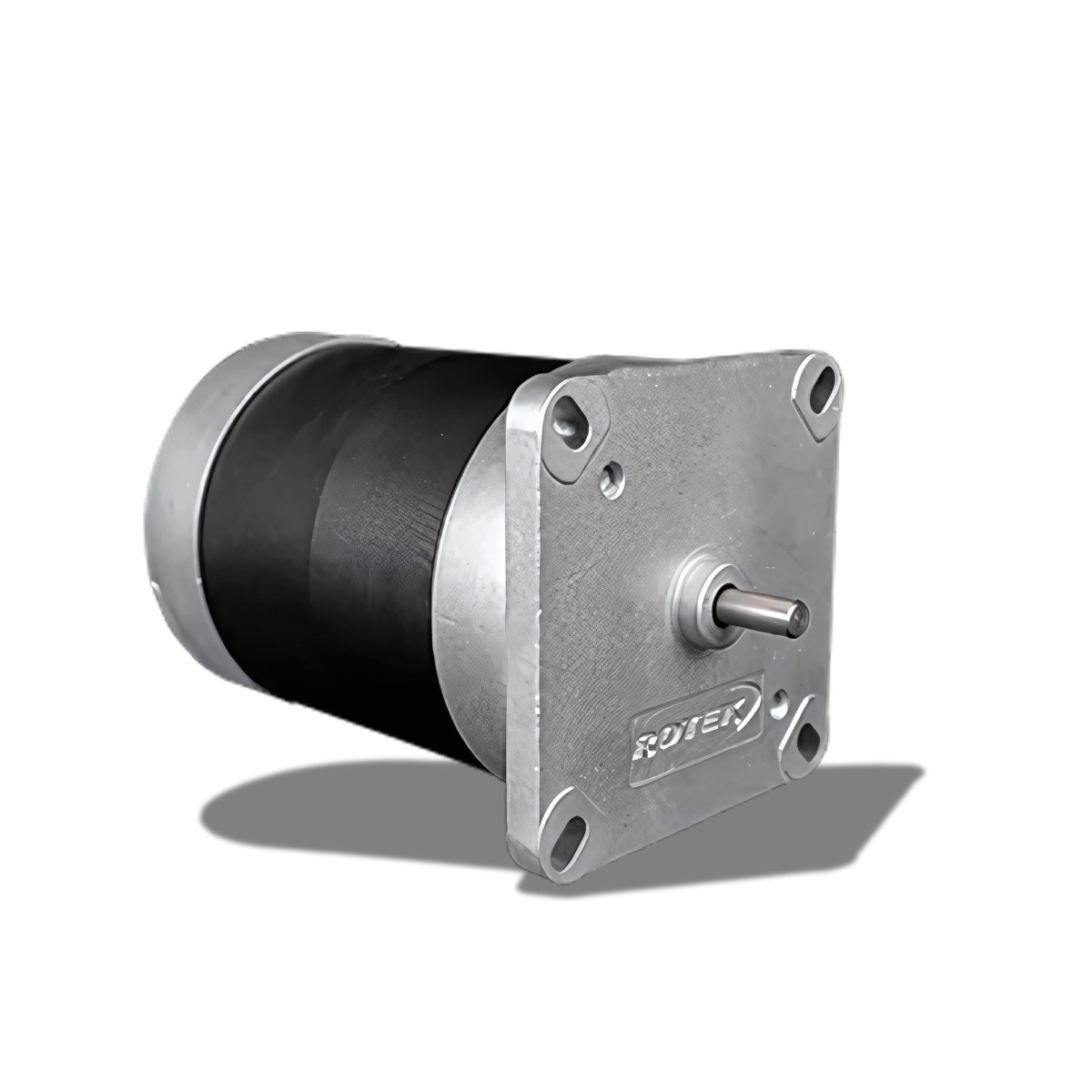ROBASE Synchroonmotoren AC motoren | Axis & Stuifmeel Rotek Robase industriële BLDC-motor met zwarte cilindrische behuizing, aluminium eindplaten en centrale as; ontworpen voor 24–72V toepassingen met een compact ontwerp en hoge efficiëntie, geschikt voor mobiele systemen, lichte voertuigen en autonome machines.