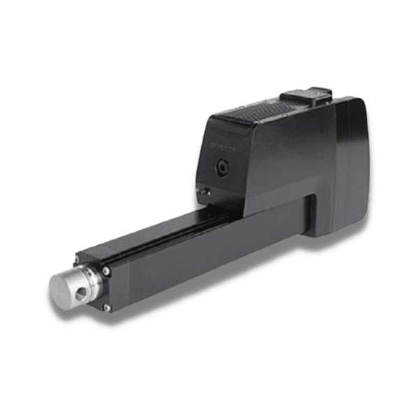 Robuuste elektrische lineaire actuator met geïntegreerde motor, schroefspindel en eindschakelaars, geschikt voor zware industriële toepassingen tot 10 kN, IP67-beschermd en ontworpen voor 24–48V DC systemen.