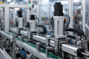 Elektrificatie in de machinebouw: slimmer, efficiënter en toekomstbestendig | Axis & Stuifmeel Industriële machineomgeving met moderne elektrische lineaire aandrijvingen en geautomatiseerde productielijn in een hightech fabriek.